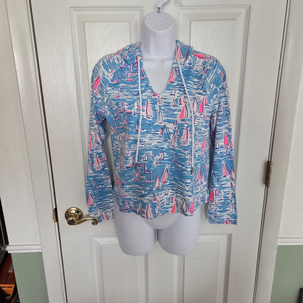 Lilly Pulitzer Finn Terry Hoodie XS Blue Pink Sailboat Nautical Cotton Pullover